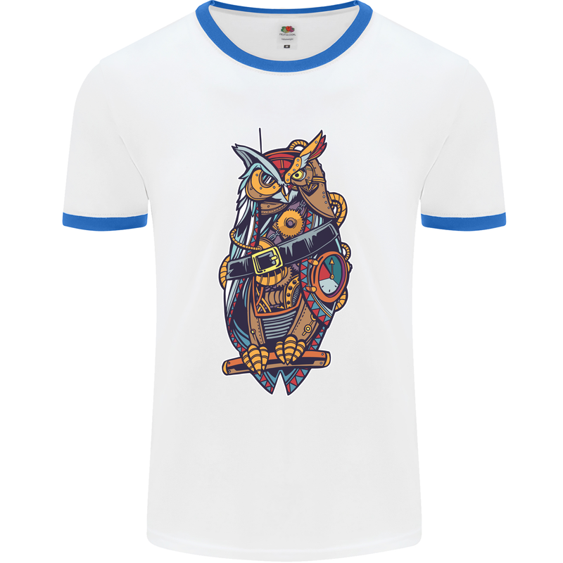 Funny Steampunk Pirate Owl Mens White Ringer T-Shirt White/Royal Blue