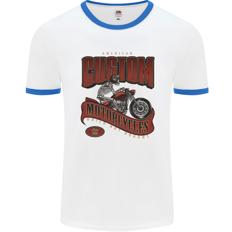 American Custom Motorcycles Biker Motorbike Mens White Ringer T-Shirt White/Royal Blue