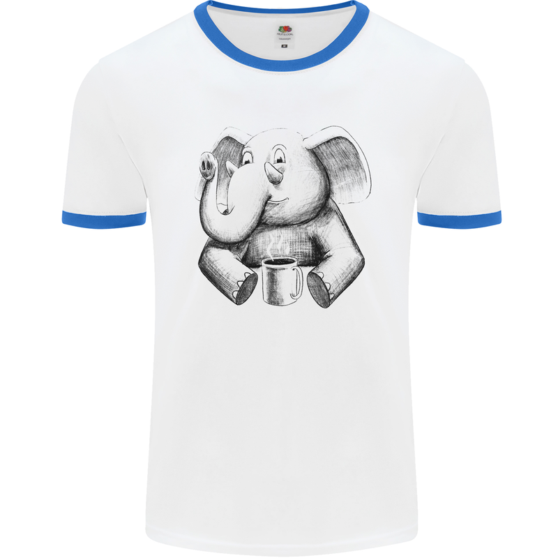 An Elephant Drinking Coffee Mens White Ringer T-Shirt White/Royal Blue