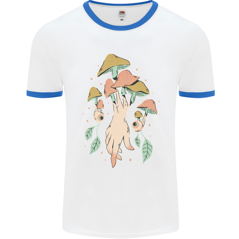Trippy Magic Mushrooms With Eyes Mens White Ringer T-Shirt White/Royal Blue