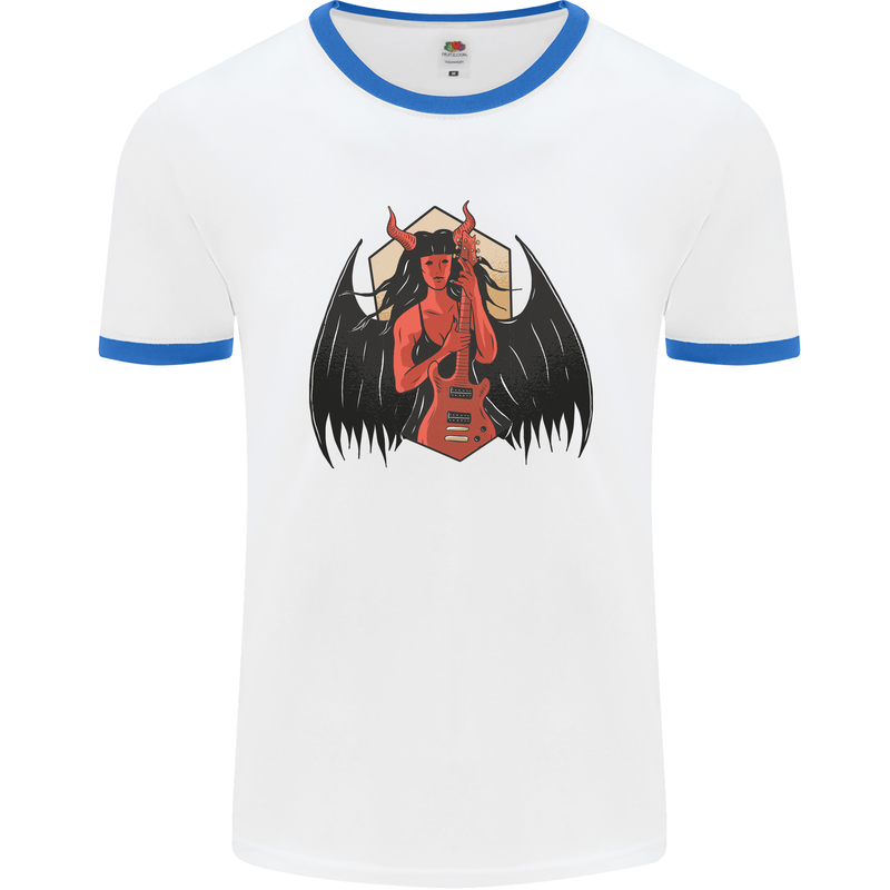 Devil Woman Guitar Death Heavy Metal Rock Mens White Ringer T-Shirt White/Royal Blue