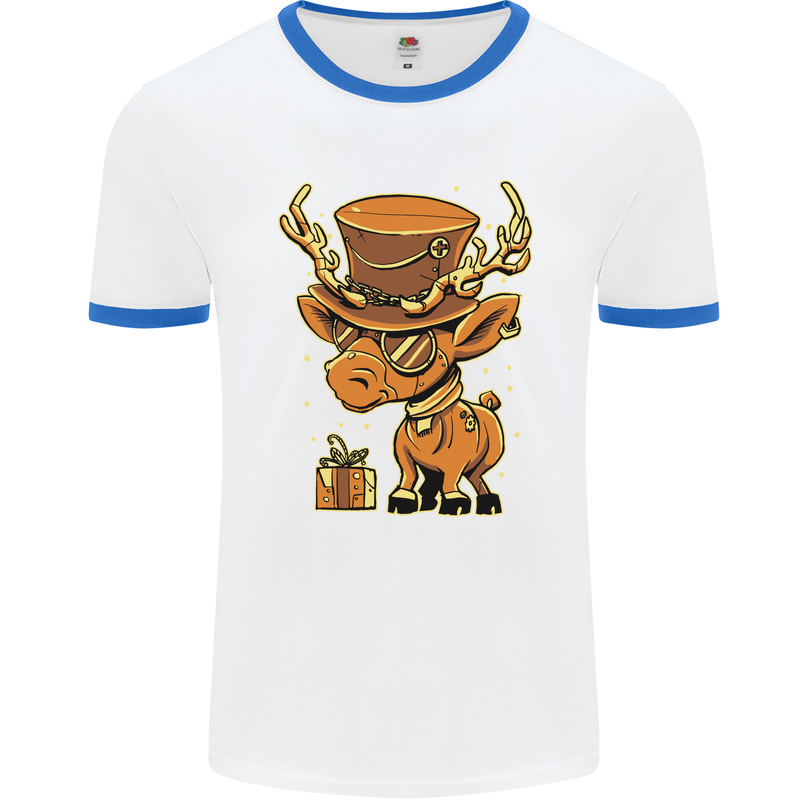 Steampunk Reindeer Funny Christmas Mens White Ringer T-Shirt White/Royal Blue