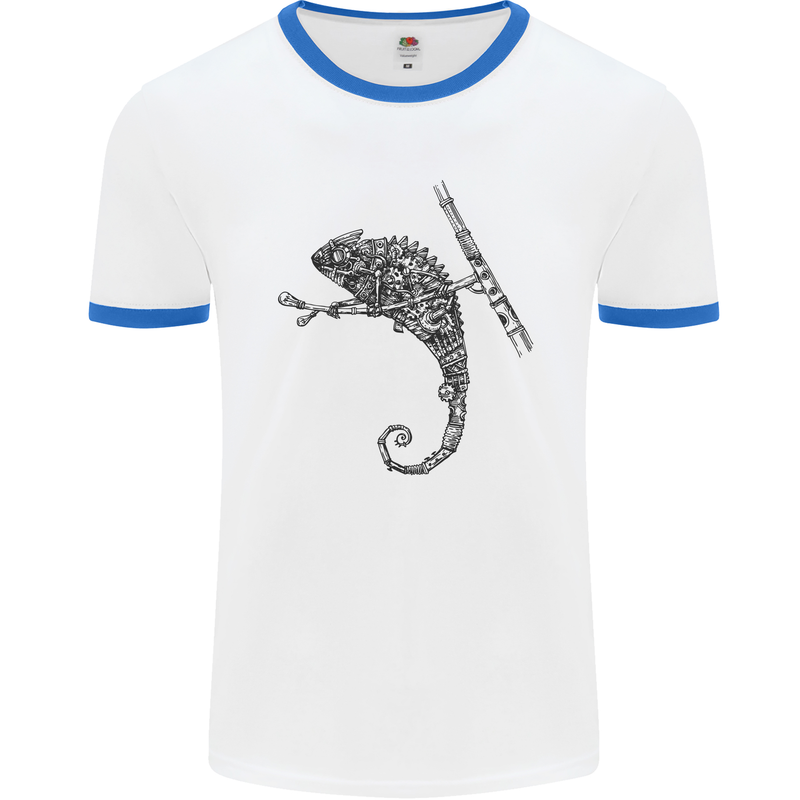 Steampunk Chameleon Mens White Ringer T-Shirt White/Royal Blue