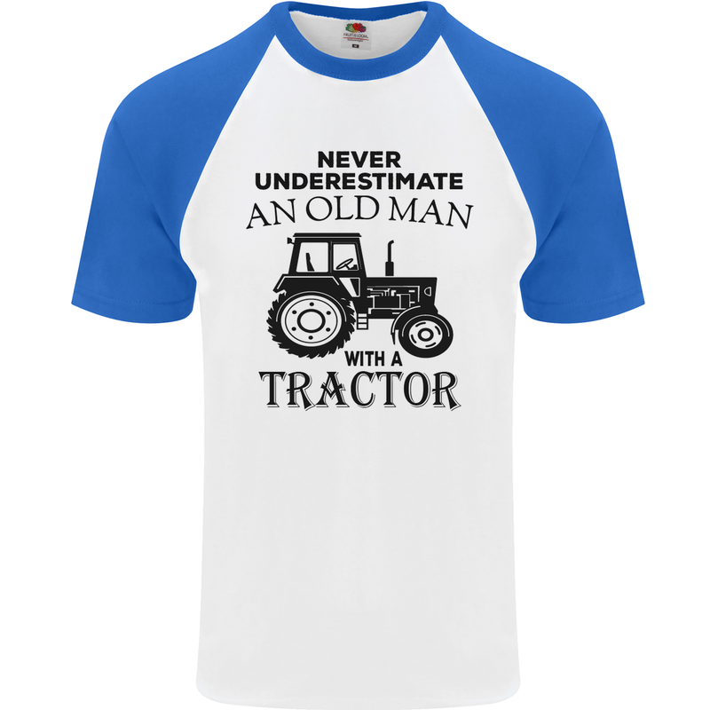 Old Man With a Tractor Driver Farmer Farm Mens S/S Baseball T-Shirt White/Royal Blue