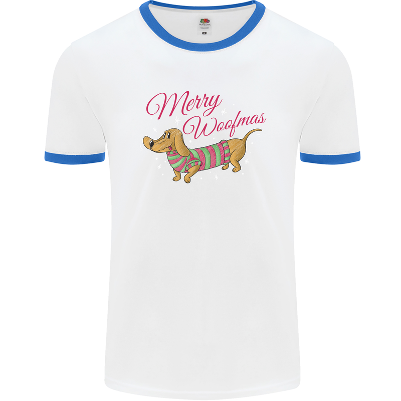 Merry Wiener Funny Christmas Dog Mens White Ringer T-Shirt White/Royal Blue