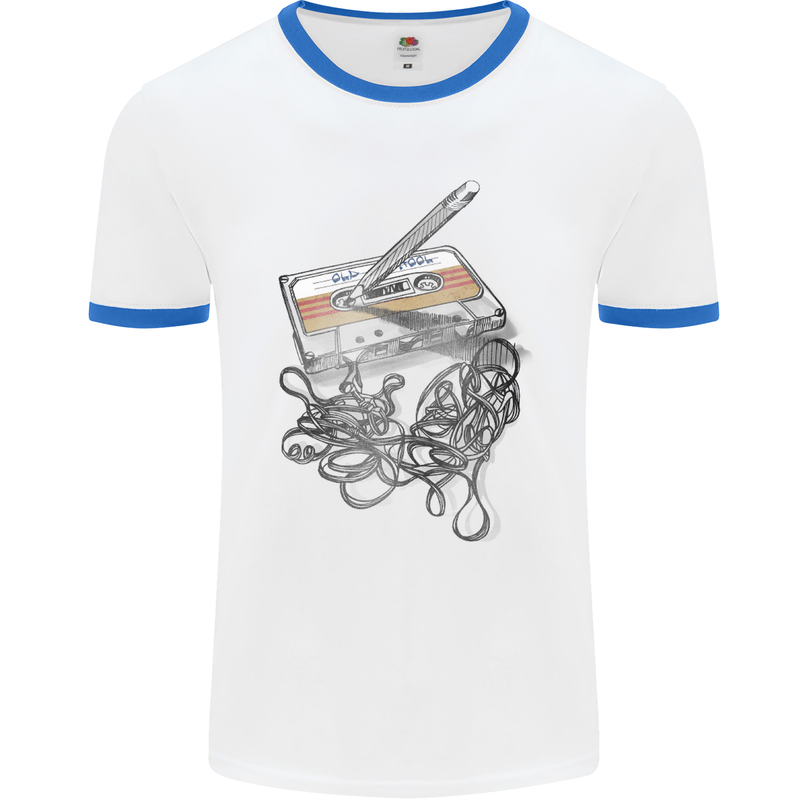 Old School Tape Cassette Music 80's 90's Mens White Ringer T-Shirt White/Royal Blue