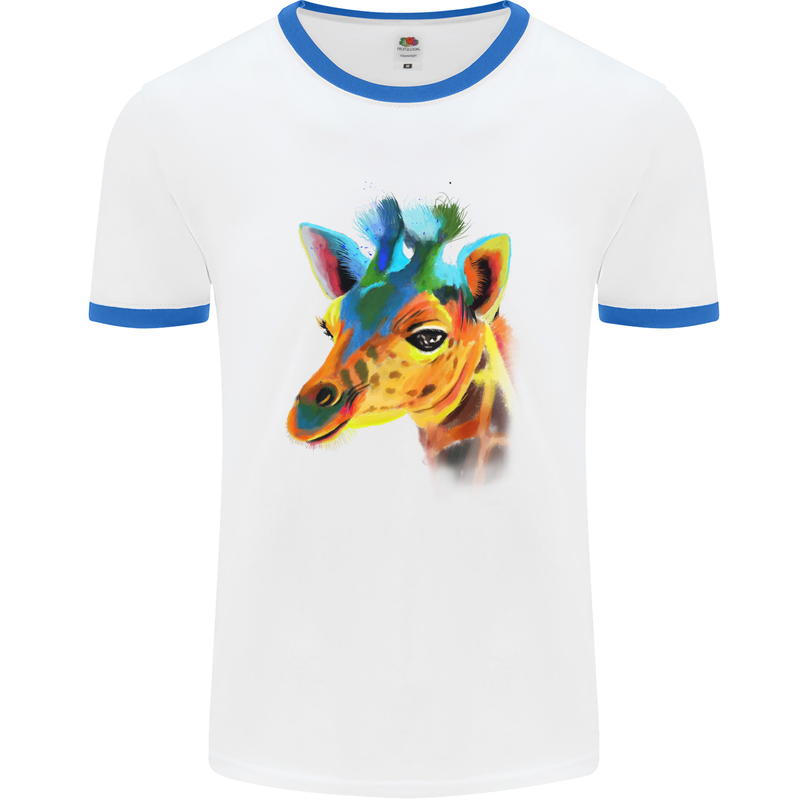 A Giraffe Watercolour Mens White Ringer T-Shirt White/Royal Blue