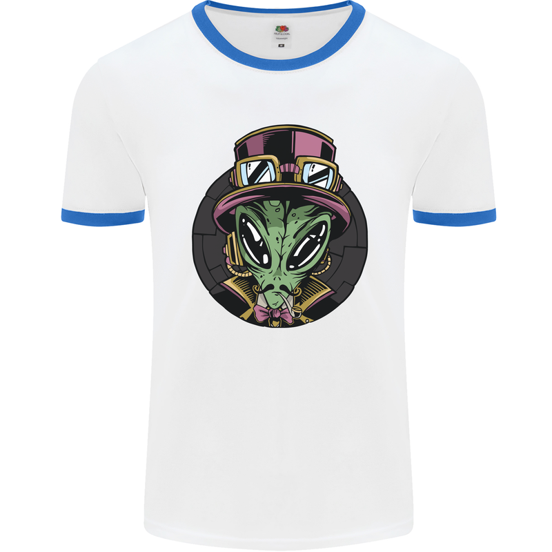 Steampunk Alien Mens White Ringer T-Shirt White/Royal Blue