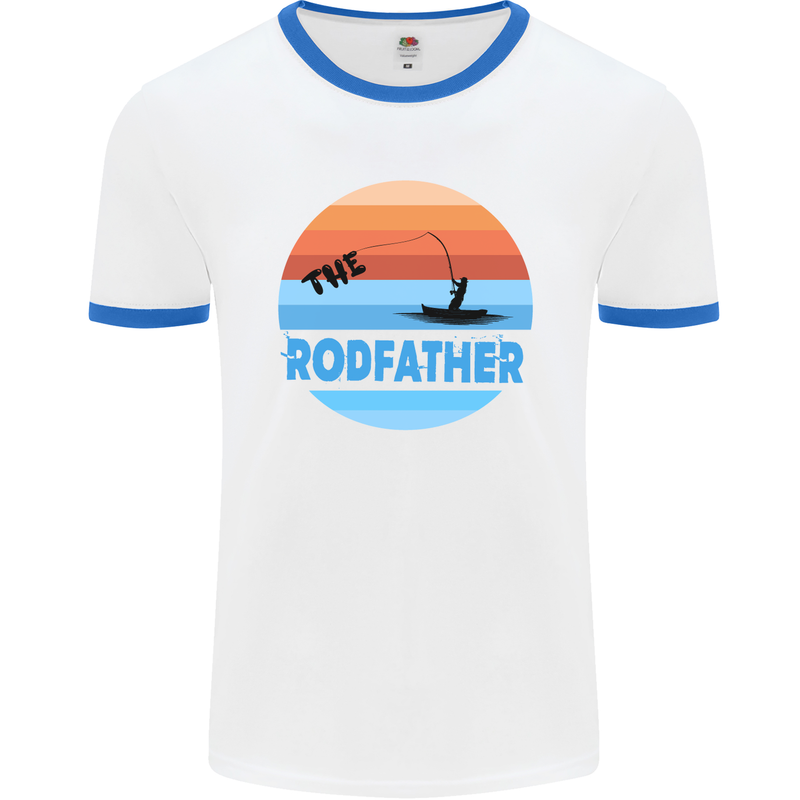 The Rodfather Funny Fishing Rod Father Mens White Ringer T-Shirt White/Royal Blue