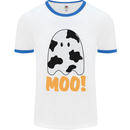 Moo Funny Cow Ghost Halloween Spooky Mens White Ringer T-Shirt White/Royal Blue