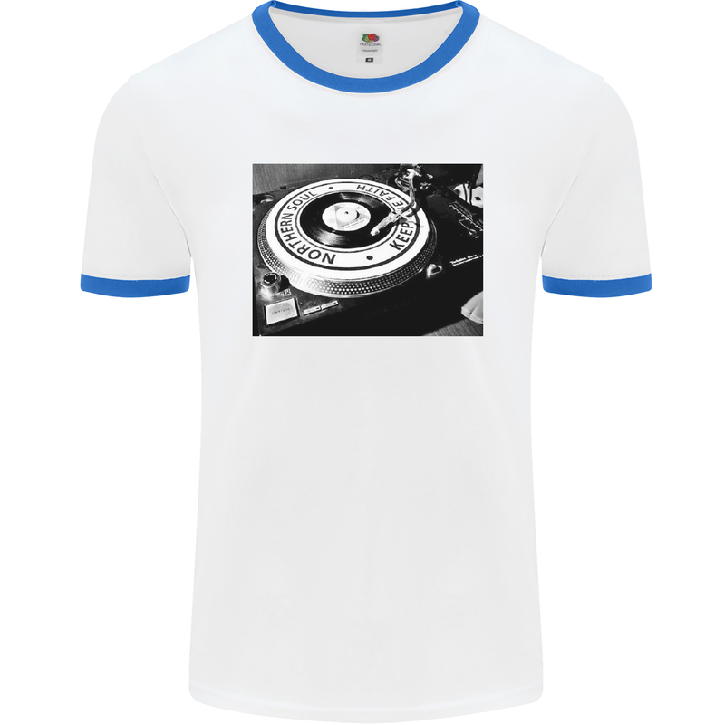 Northern Soul Turntable DJ Decks Vinyl Mens White Ringer T-Shirt White/Royal Blue