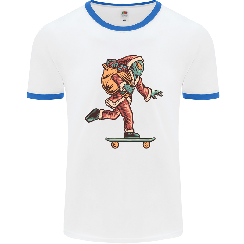 Funny Santa Clause Alien on a Skateboard Mens White Ringer T-Shirt White/Royal Blue