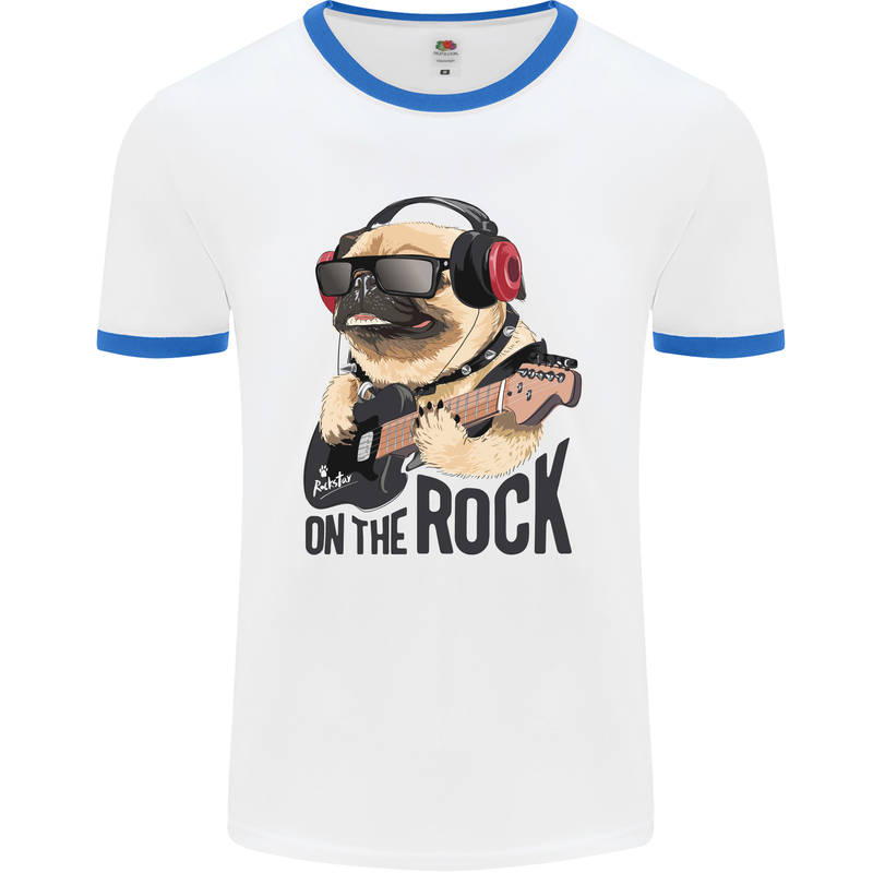 Rock n Roll Pug Funny Guitar Heavy Metal Mens White Ringer T-Shirt White/Royal Blue