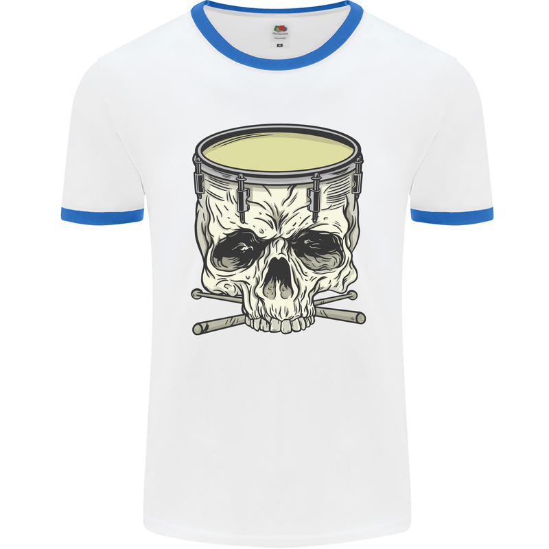 Skull Snare Drum Drummer Drumming Mens White Ringer T-Shirt White/Royal Blue