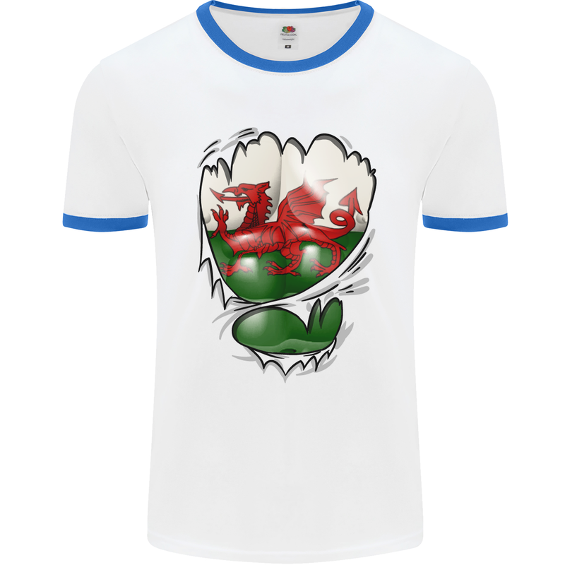 Gym The Welsh Flag Ripped Muscles Wales Mens White Ringer T-Shirt White/Royal Blue