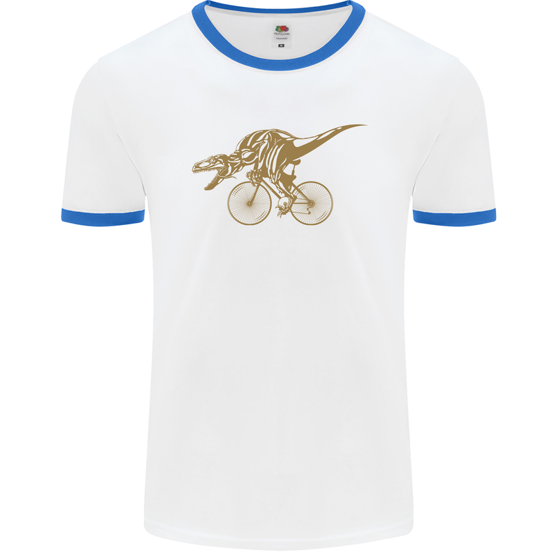 T-Rex Dinosaure Riding a Bicycle Cycling Mens White Ringer T-Shirt White/Royal Blue