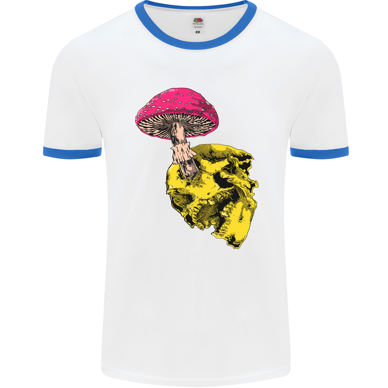 Mushroom Skull Toadstool Magic Gothic Mens White Ringer T-Shirt White/Royal Blue