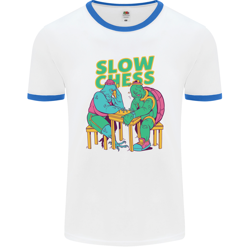 Slow Chess Funny Tortoise & Cock Mens White Ringer T-Shirt White/Royal Blue