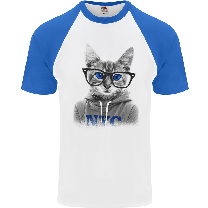 New York City Cat With Glasses Mens S/S Baseball T-Shirt White/Royal Blue