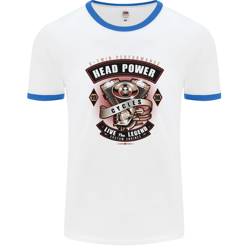 Head Power Motorcycle Motorbike Biker Mens White Ringer T-Shirt White/Royal Blue