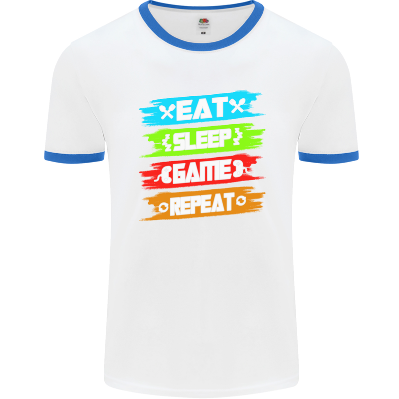 Eat Sleep Game Funny Gamer Gamming Mens White Ringer T-Shirt White/Royal Blue