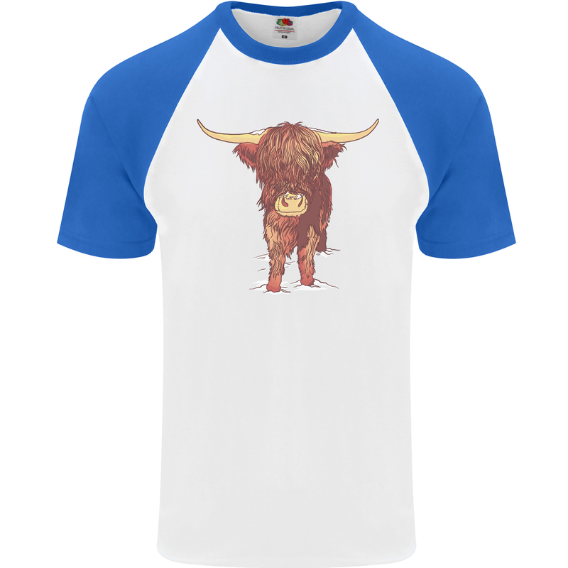 Highland Cattle Cow Scotland Scottish Mens S/S Baseball T-Shirt White/Royal Blue