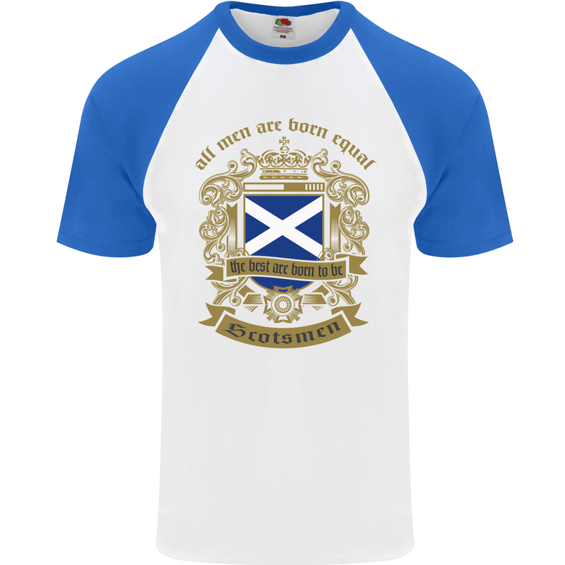 All Men Are Born Equal Scotland Scottish Mens S/S Baseball T-Shirt White/Royal Blue