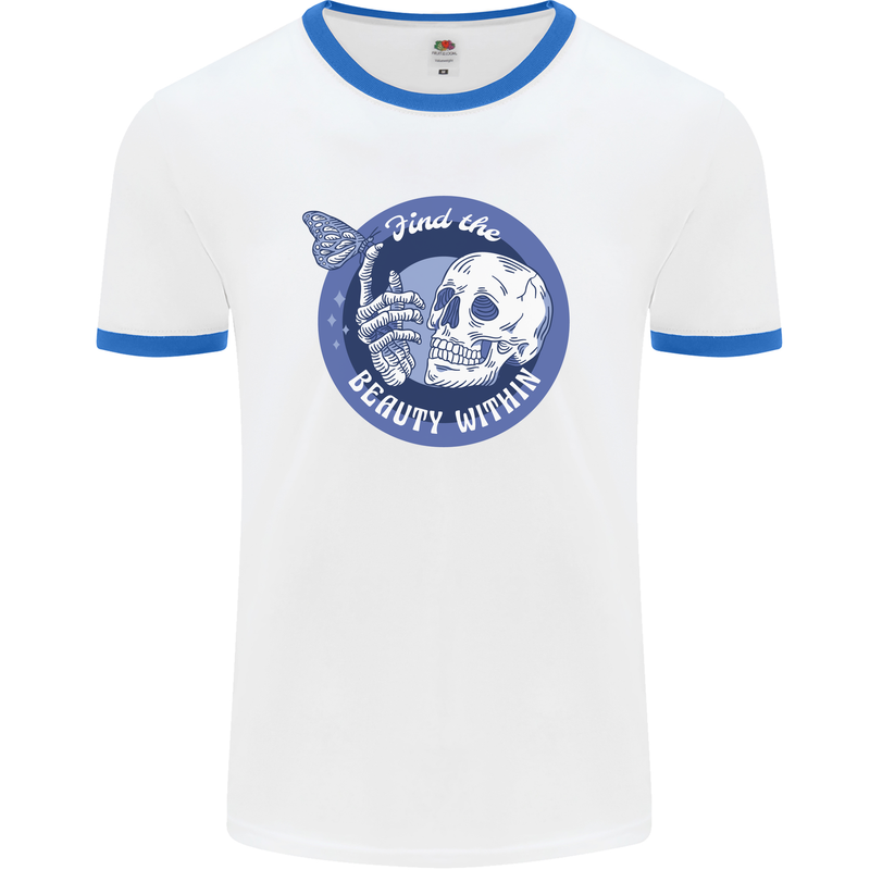 Skull & Butterfly Find the Beauty Within Mens White Ringer T-Shirt White/Royal Blue