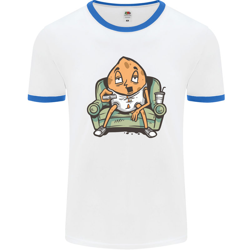 Funny Lazy Couch Potato Watchng TV Mens White Ringer T-Shirt White/Royal Blue