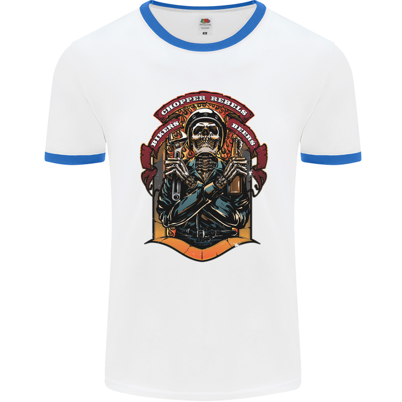 Motorbike Chopper Rebels Bikers Beers Mens Ringer T-Shirt White/Royal Blue