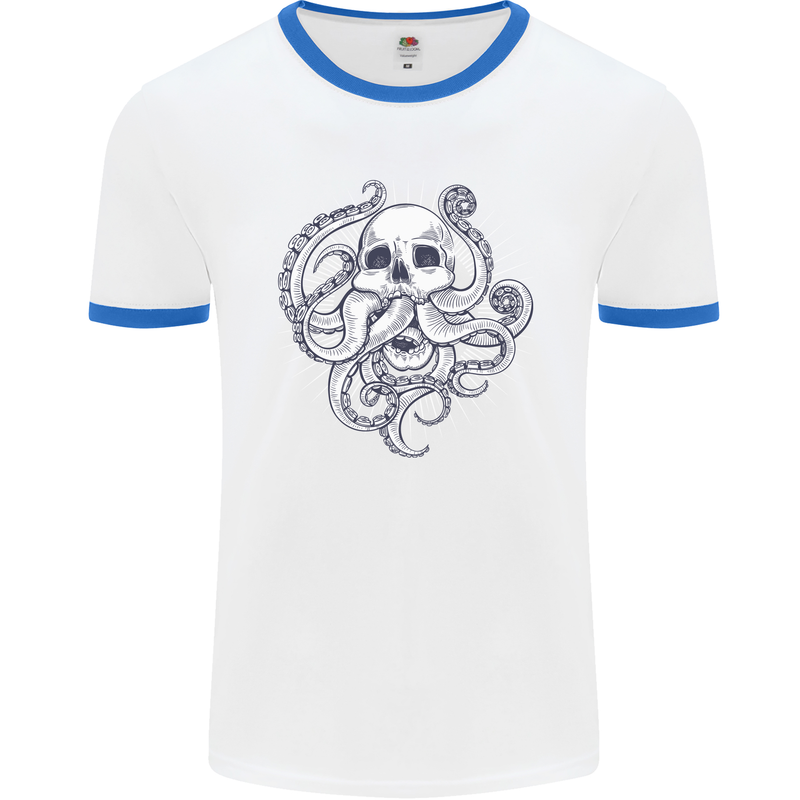 Cthulhu Skull Mens White Ringer T-Shirt White/Royal Blue