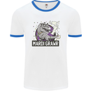 Funny T-Rex Mardi Gras Grawr Dinosaur Mens White Ringer T-Shirt White/Royal Blue