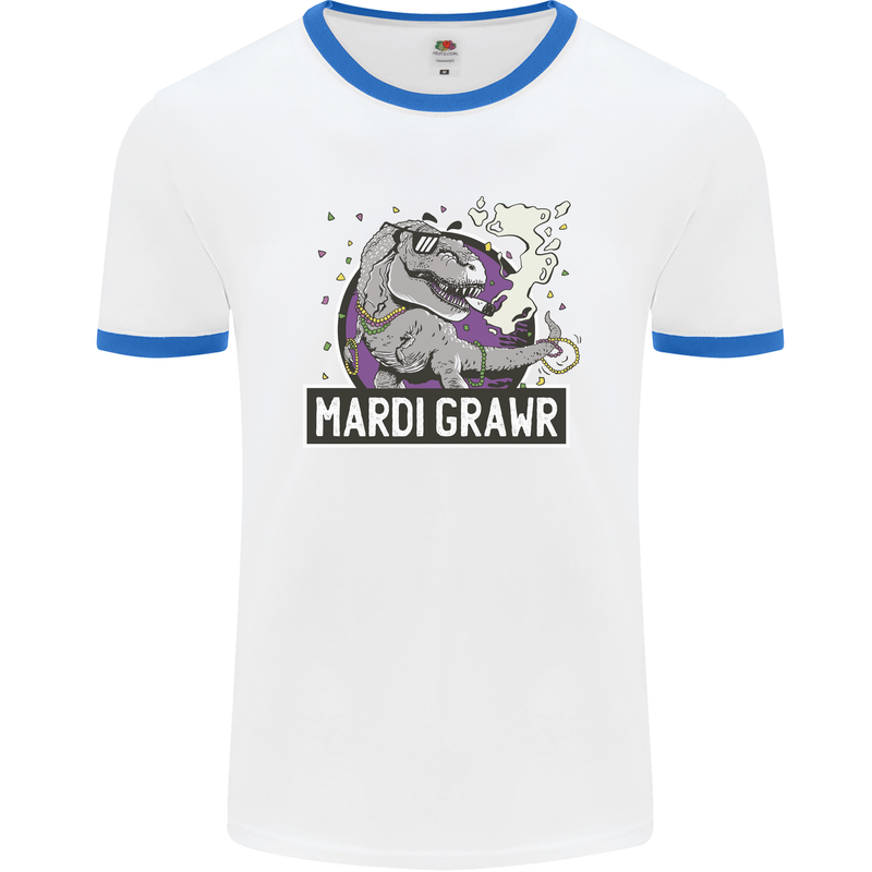Funny T-Rex Mardi Gras Grawr Dinosaur Mens White Ringer T-Shirt White/Royal Blue