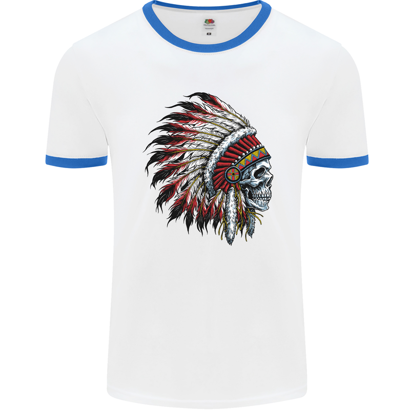 Indian Skull Headdress Biker Motorbike Mens White Ringer T-Shirt White/Royal Blue