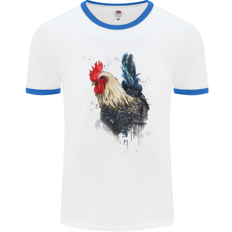 A Chicken Watercolour Mens White Ringer T-Shirt White/Royal Blue