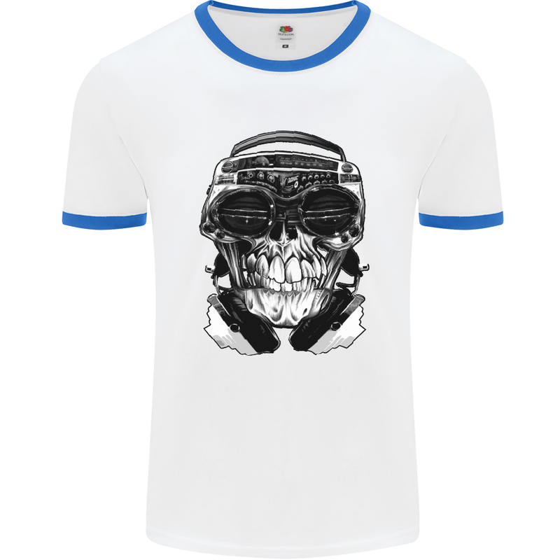 Ghetto Blaster Skull Mens White Ringer T-Shirt White/Royal Blue