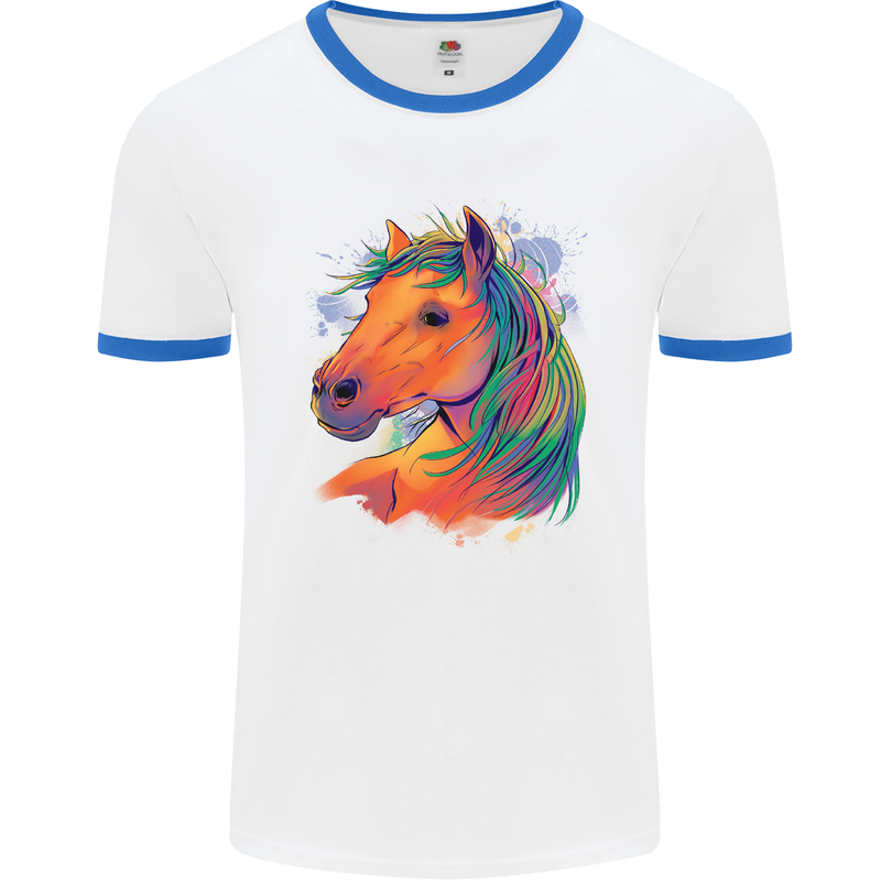 Horse Head Equestrian Mens Ringer T-Shirt White/Royal Blue