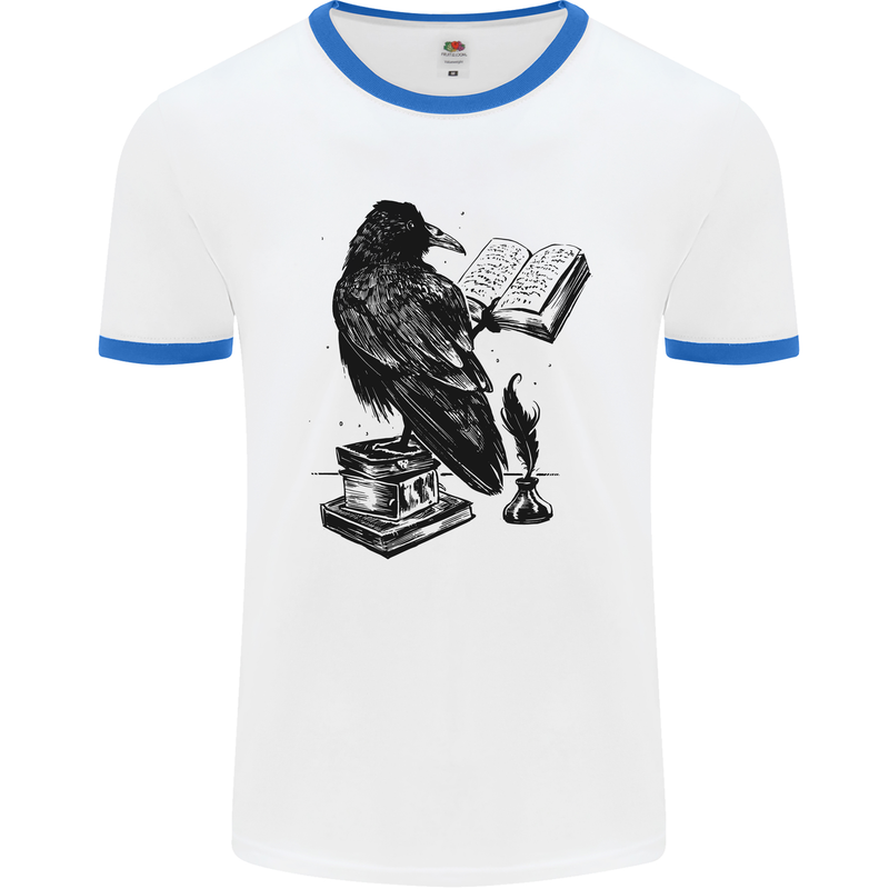 A Raven Reading a Book Literature Mens White Ringer T-Shirt White/Royal Blue