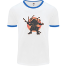 Samurai Cthulhu Kraken Mens White Ringer T-Shirt White/Royal Blue