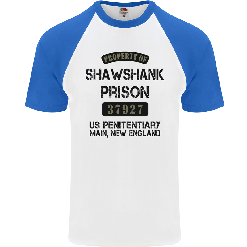 Property of Shawshank Prison Movie 90's Mens S/S Baseball T-Shirt White/Royal Blue