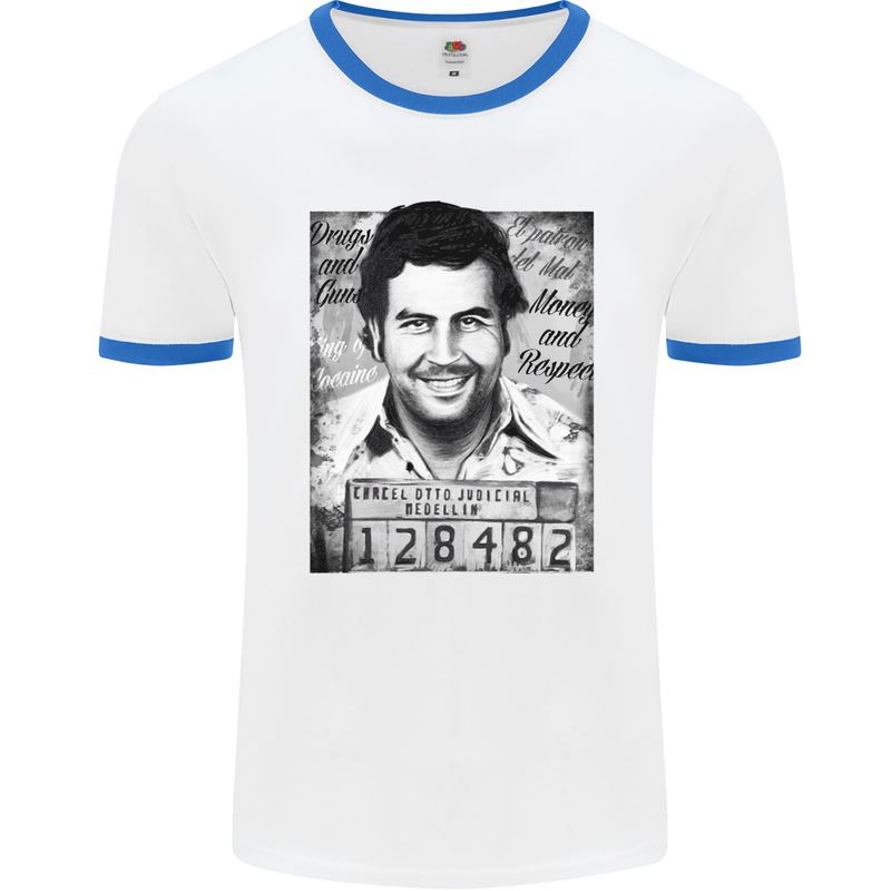 Pablo Escobar Mug Shot Mens White Ringer T-Shirt White/Royal Blue