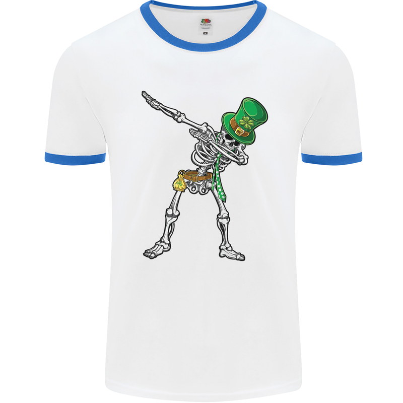 St Patricks Day Dabbing Skeleton Skull Mens White Ringer T-Shirt White/Royal Blue