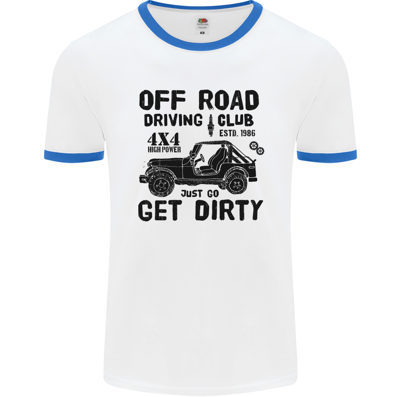 Off Road Driving Club Get Dirty 4x4 Funny Mens White Ringer T-Shirt White/Royal Blue