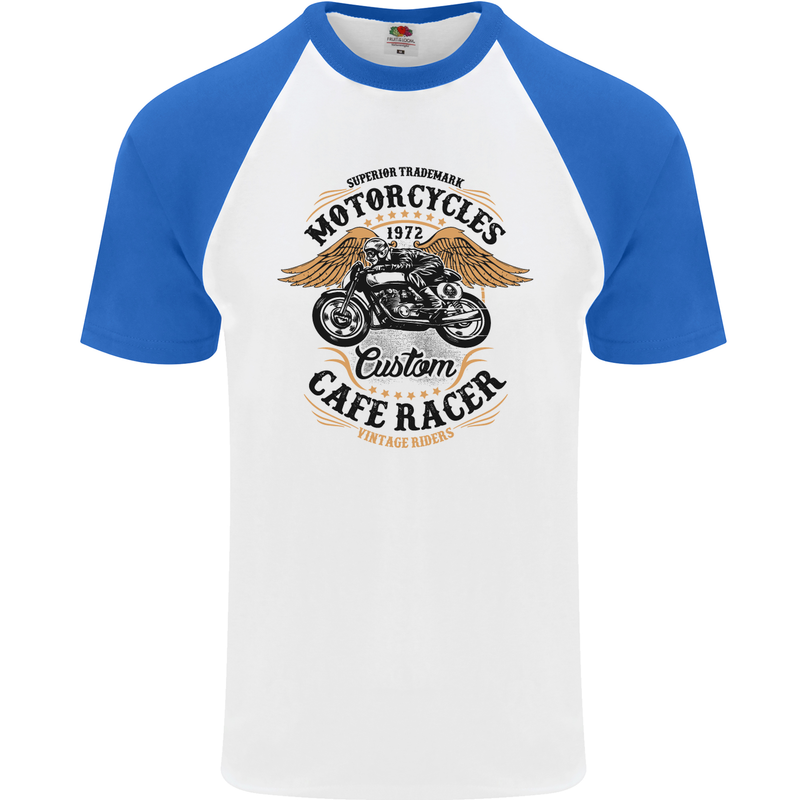 Biker Custom Cafe Racer Motorbike Mens S/S Baseball T-Shirt White/Royal Blue