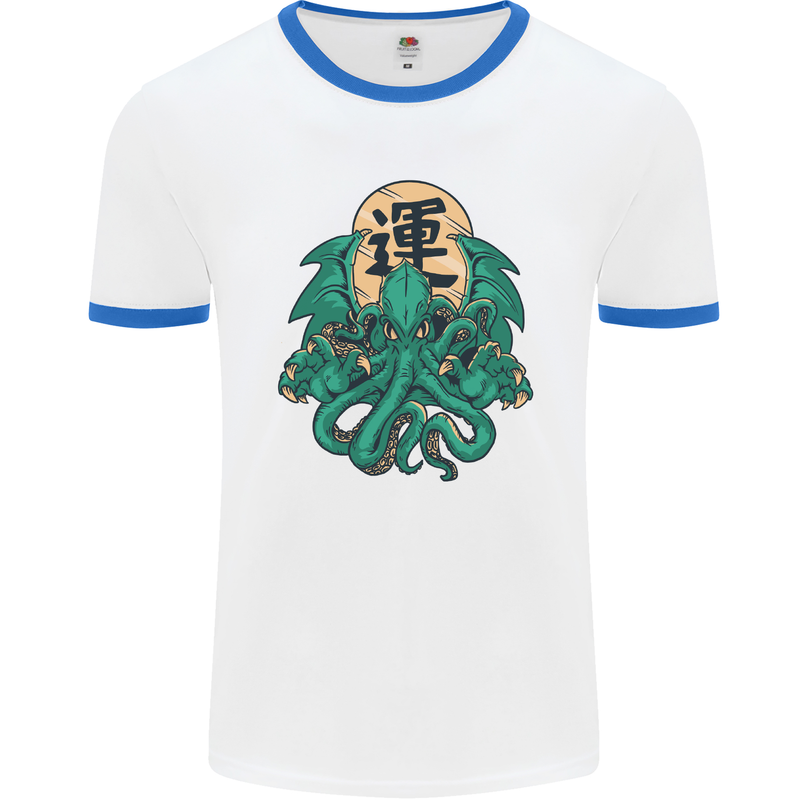 Cthulhu Monster Kraken Mens White Ringer T-Shirt White/Royal Blue