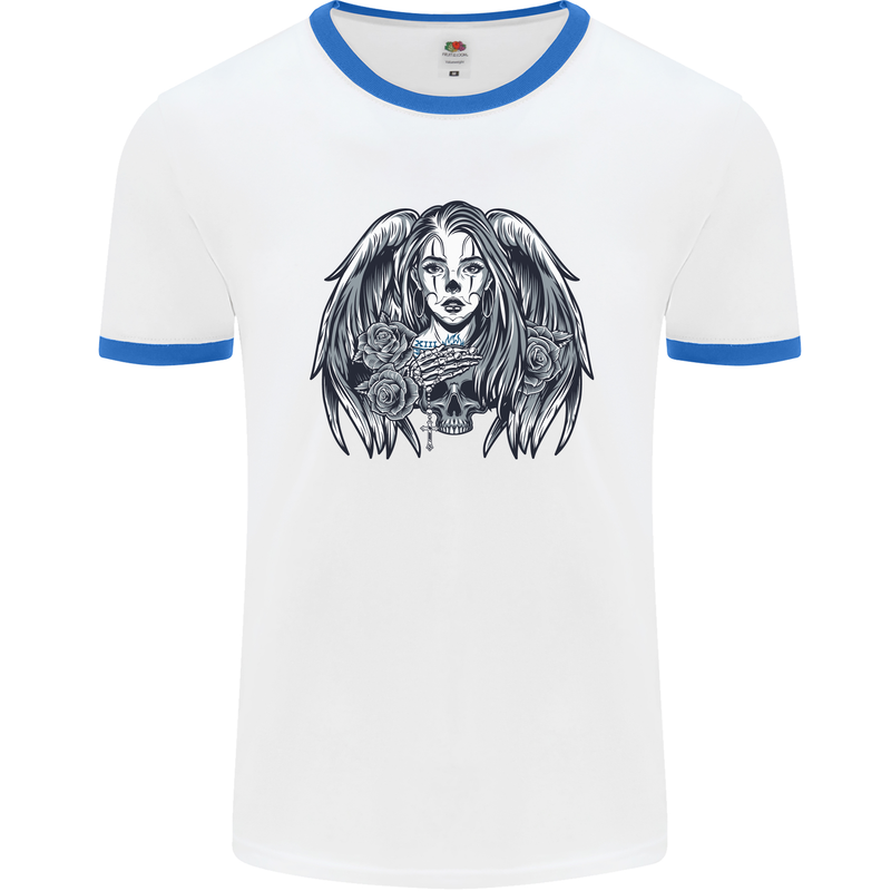 Heaven & Hell Angel Skull Day of the Dead Mens White Ringer T-Shirt White/Royal Blue