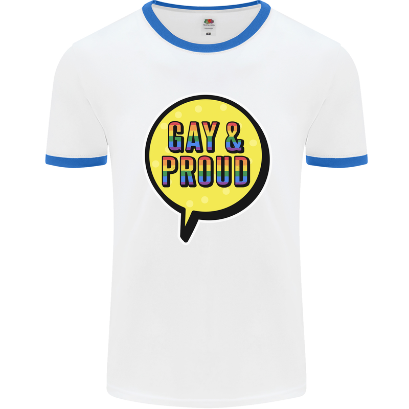 Gay and Proud LGBT Pride Awareness Mens White Ringer T-Shirt White/Royal Blue