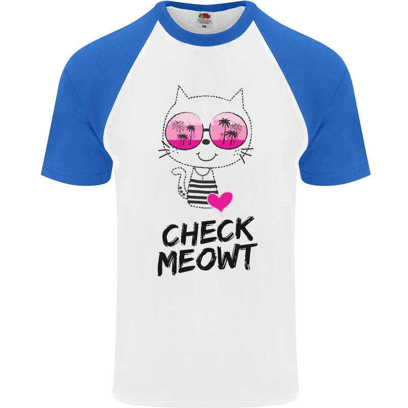 Check Meowt Mens S/S Baseball T-Shirt White/Royal Blue