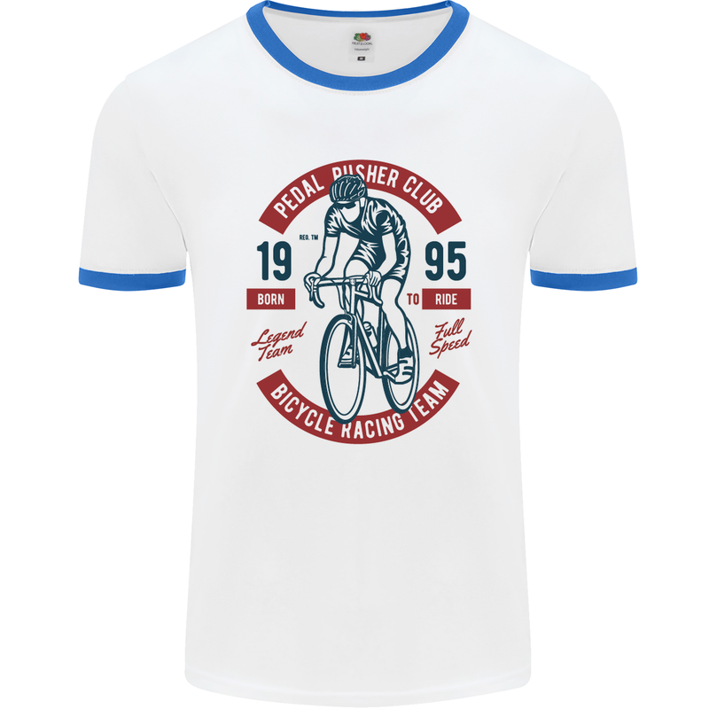 Pedal Pusher Club Cycling Cyclist Funny Mens White Ringer T-Shirt White/Royal Blue