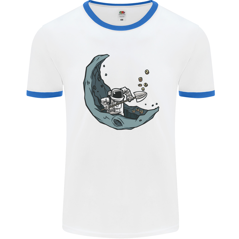 Cryptocurrency Mining the Moon Mens White Ringer T-Shirt White/Royal Blue